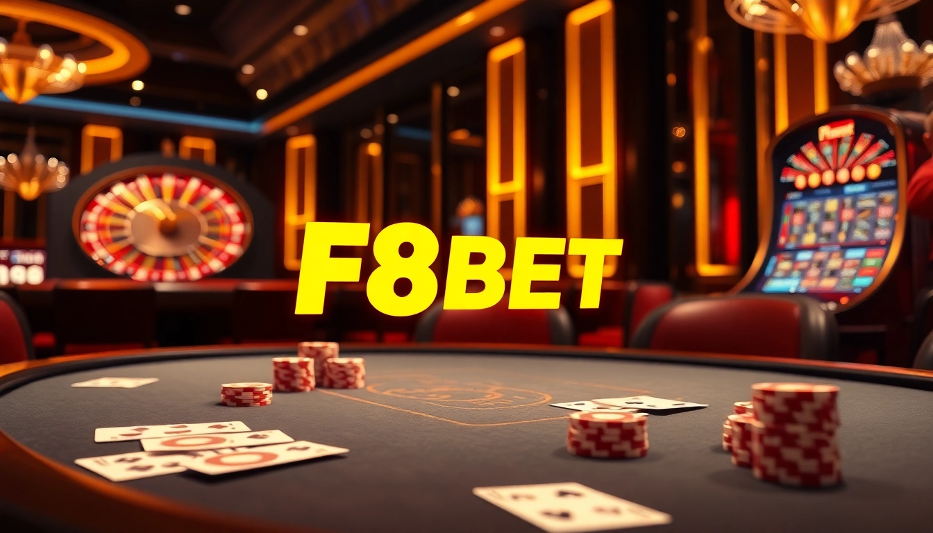 F8BET logo illuminating an exciting casino scene with poker chips and a roulette wheel.