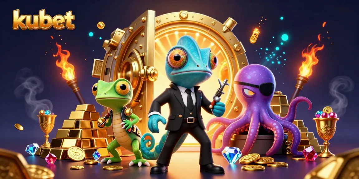 kubet showcases thrilling 3D cartoon characters amidst a gold-filled treasure scene.