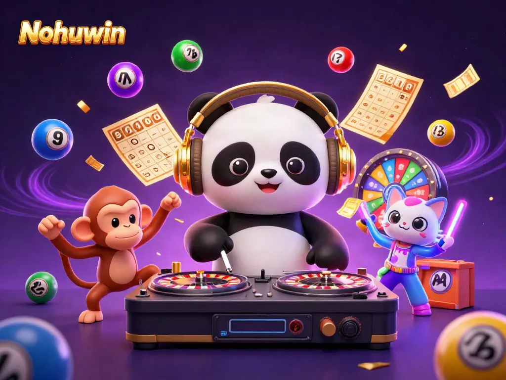 Nohuwin showcases vibrant 3D characters celebrating casino gaming with dynamic slot elements.
