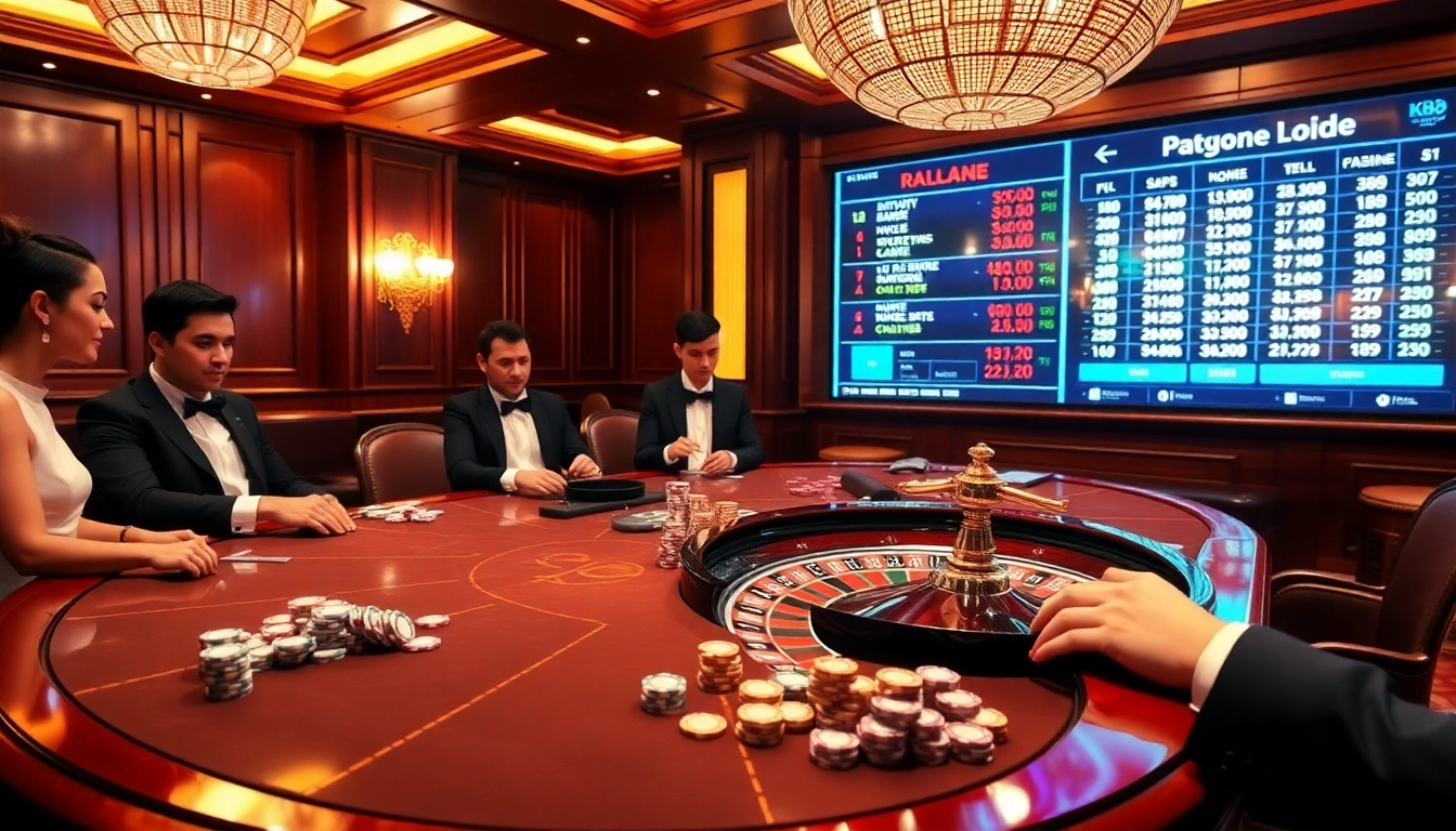 KM88 online casino table with poker players and vibrant roulette wheel, capturing excitement.