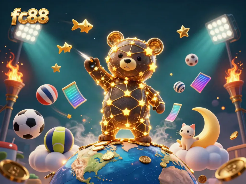 Engage in thrilling bets at fc88 while interacting with a vibrant cosmic casino scene brimming with sports elements.