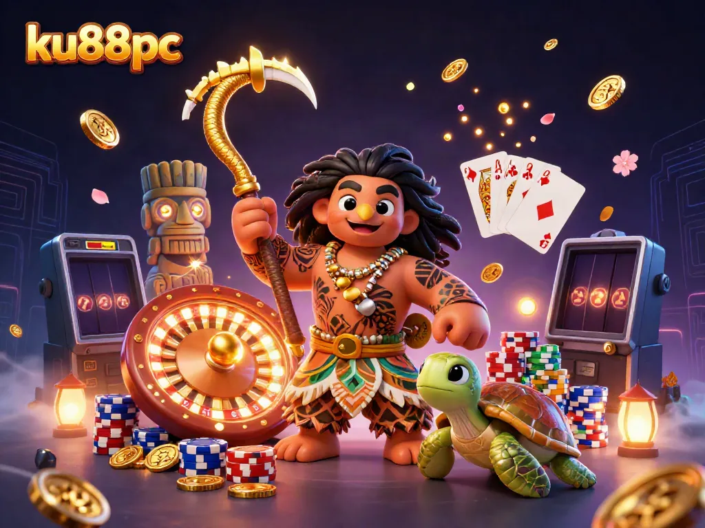 Join the excitement of ku88pc with Hawaiian-inspired characters amidst cascading coins and dynamic casino elements.