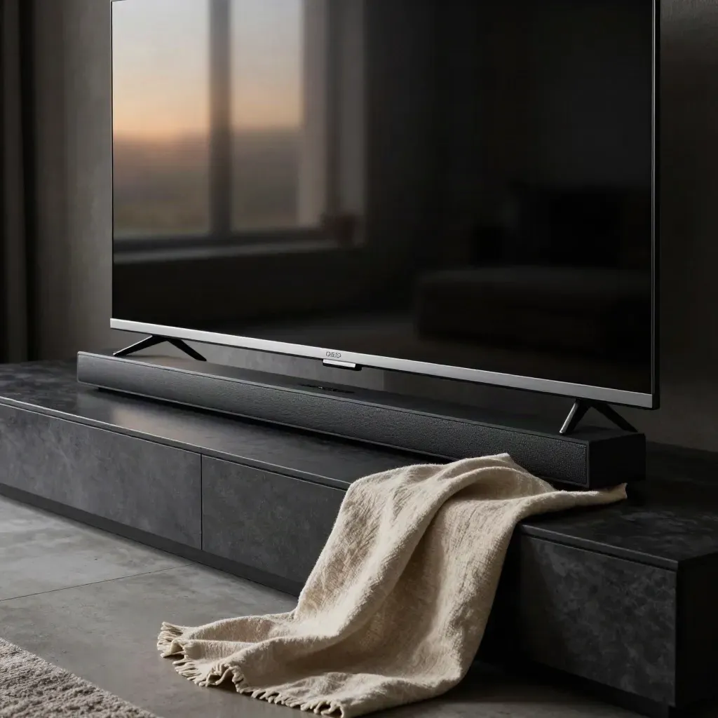 Karanlık ekranlı QLED TV, ince soundbar ve katlı örtüyle modern oturma alanı