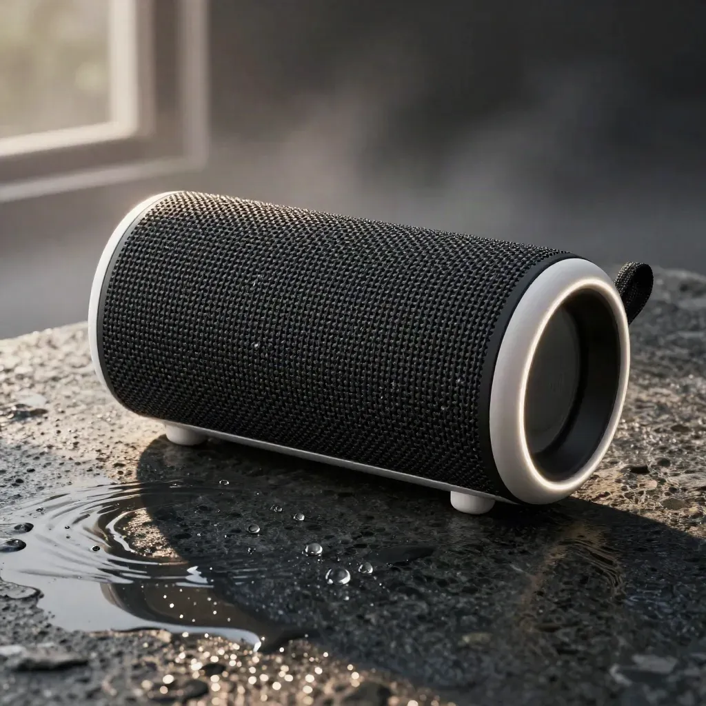 Su damlaları ve titreşim izleriyle ıslak taş üzerinde bir Bluetooth hoparlör yakın plan.