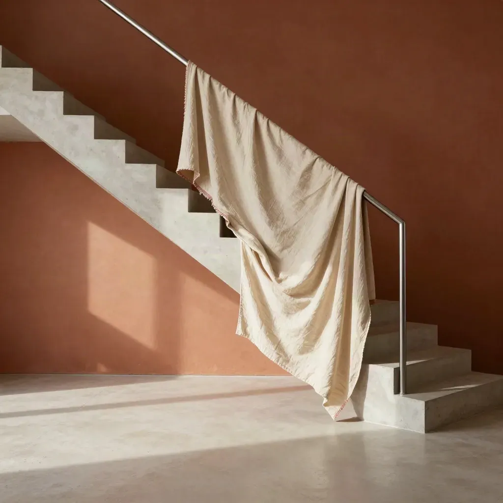 Gün ışıklı moda atölyesi köşesi, beton merdiven, keten perde ve krom korkuluklu sakin iç mekân.