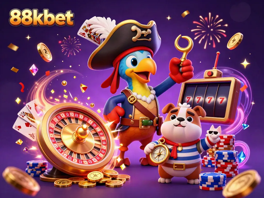 Spin and win with the vibrant 88kbet scene featuring a pirate captain and lucky gems.