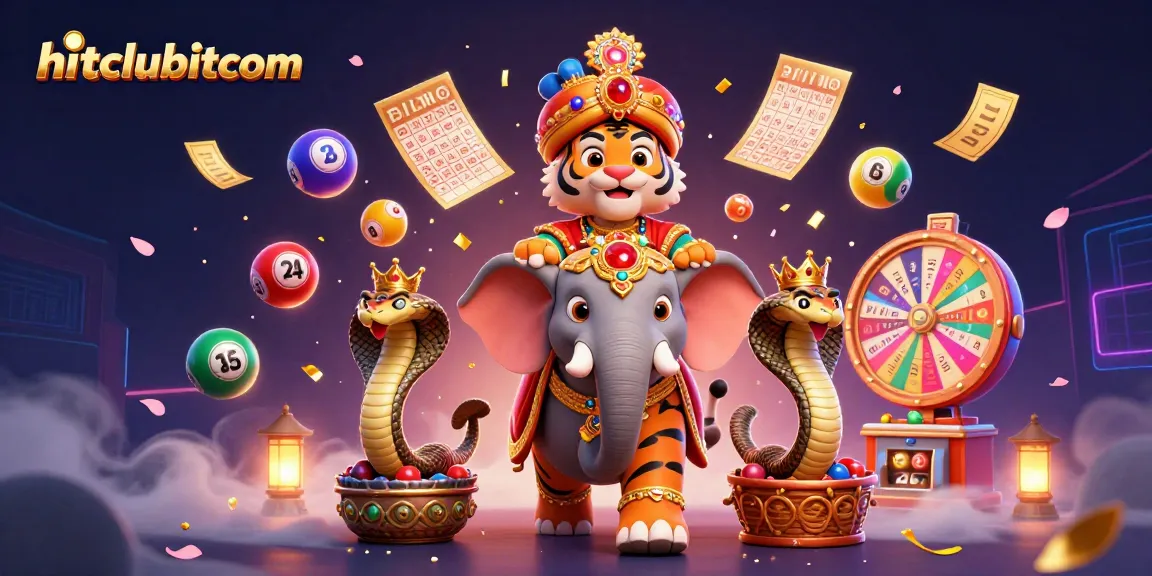 Hitclubitcom showcases a thrilling gambling scene with vibrant lottery elements and energetic characters.