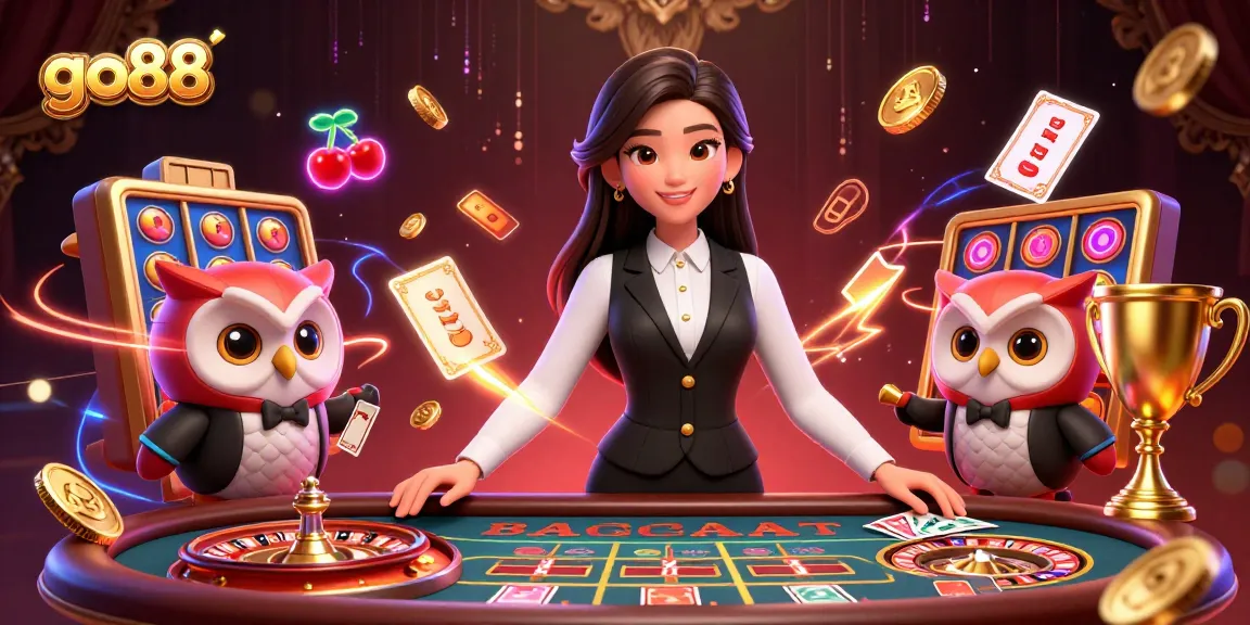 Engage with go88's vibrant gaming experience featuring slot reels and a lively dealer