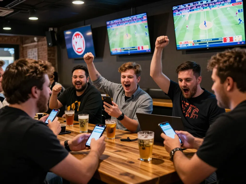 Exciting scene of bettors placing wagers on lucky88 com in a lively sports bar with friends and screens showing games.