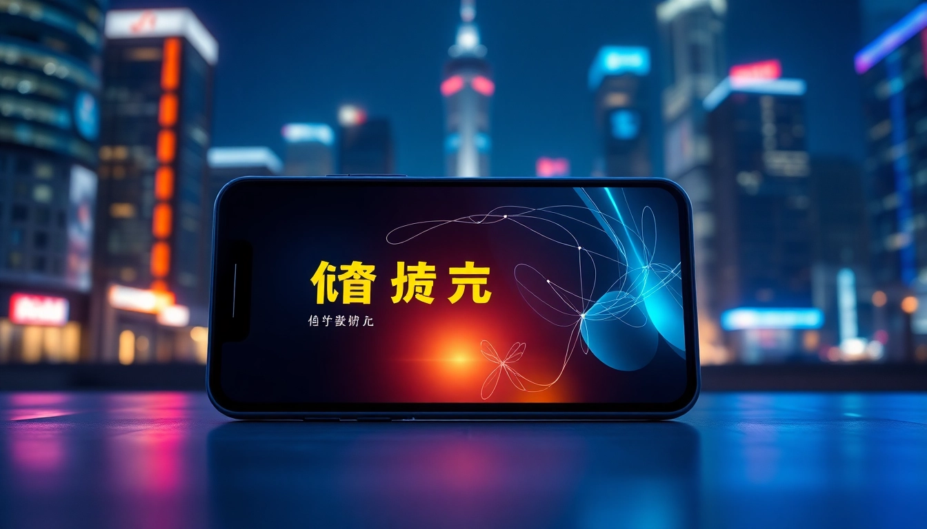 快连下载 interface displayed on a smartphone against a vibrant cityscape, showcasing high-speed connectivity features.