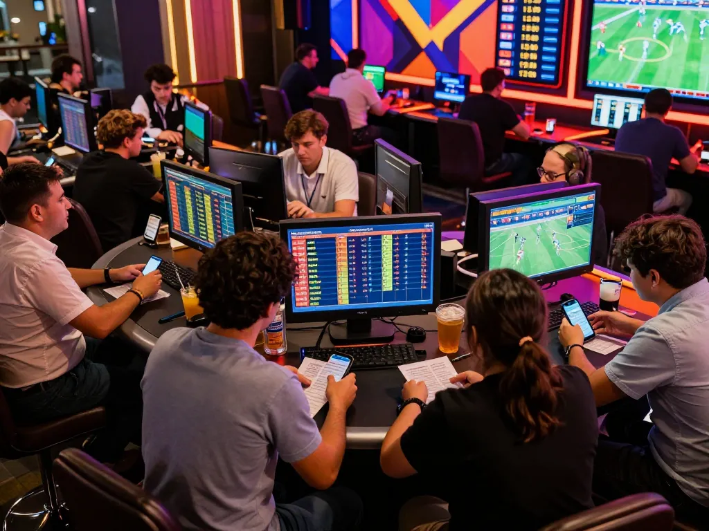 Engaging scene illustrating tin soi kèo in a sports betting environment with bettors analyzing odds and statistics.