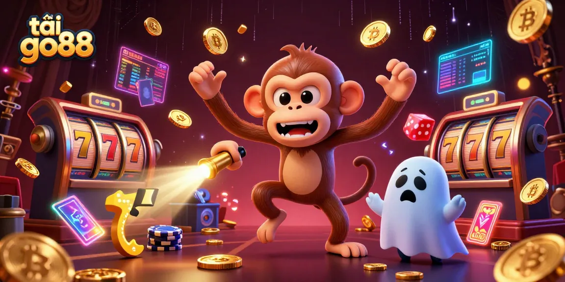 Experience the excitement of tải go88 with this vibrant illustration of a poltergeist monkey in a dynamic casino scene.