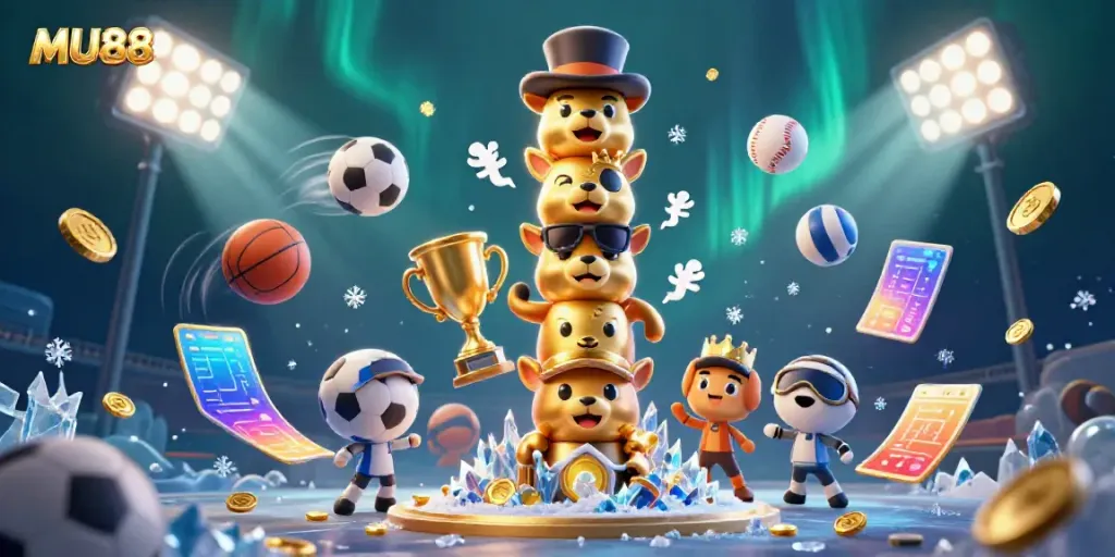 Experience the thrill of MU88 with engaging casino elements surrounding a captivating golden totem pole illustration.
