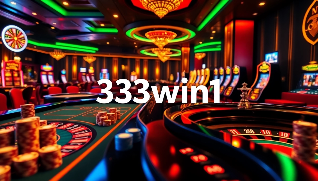 Experience an exciting gambling scene featuring 33win1 with poker tables and roulette wheels.