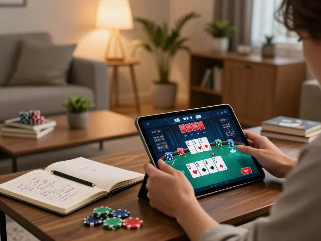 Player engaging in a vibrant GG88 online poker game on a tablet in a cozy home setup.