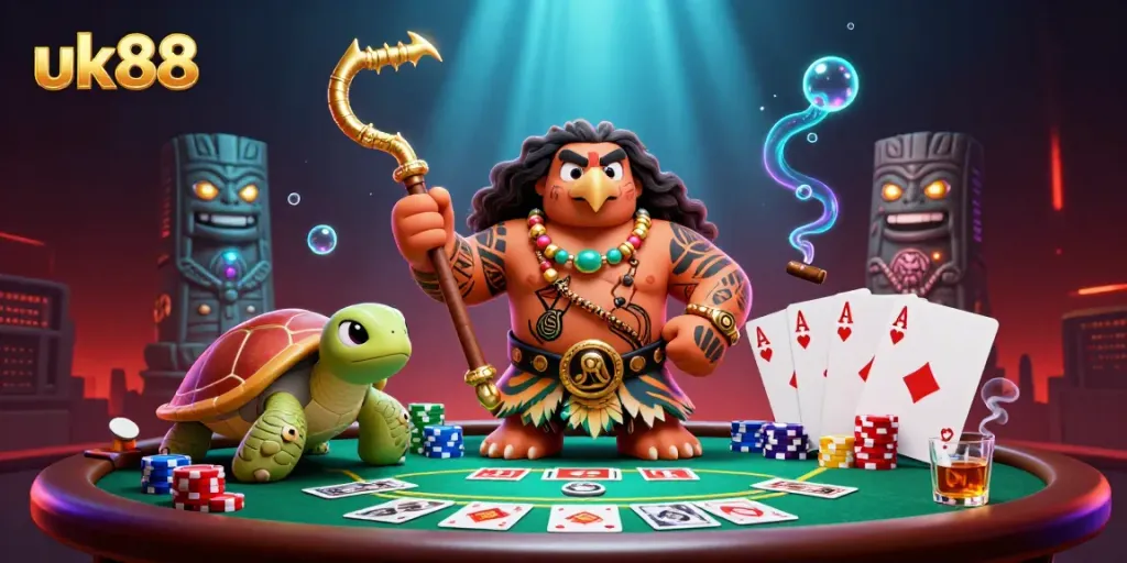 Experience excitement with uk88 at a dynamic poker scene featuring a hawk demigod and a turtle sidekick.
