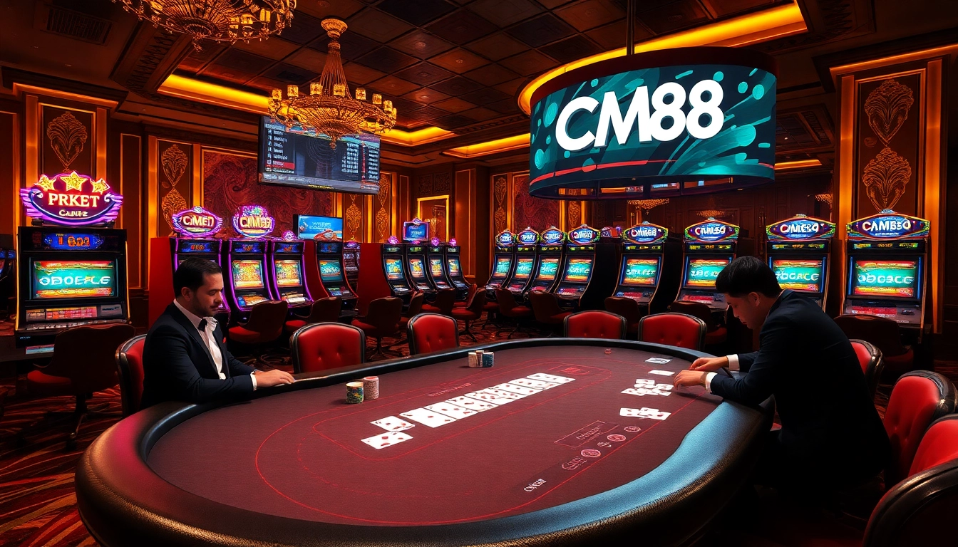 CM88 online betting scene with a vibrant poker table and illuminated slot machines.