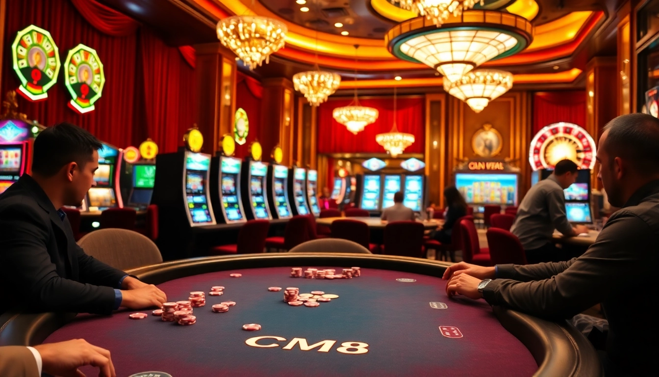 Engage with CM88 at a luxurious casino poker table filled with colorful chips.
