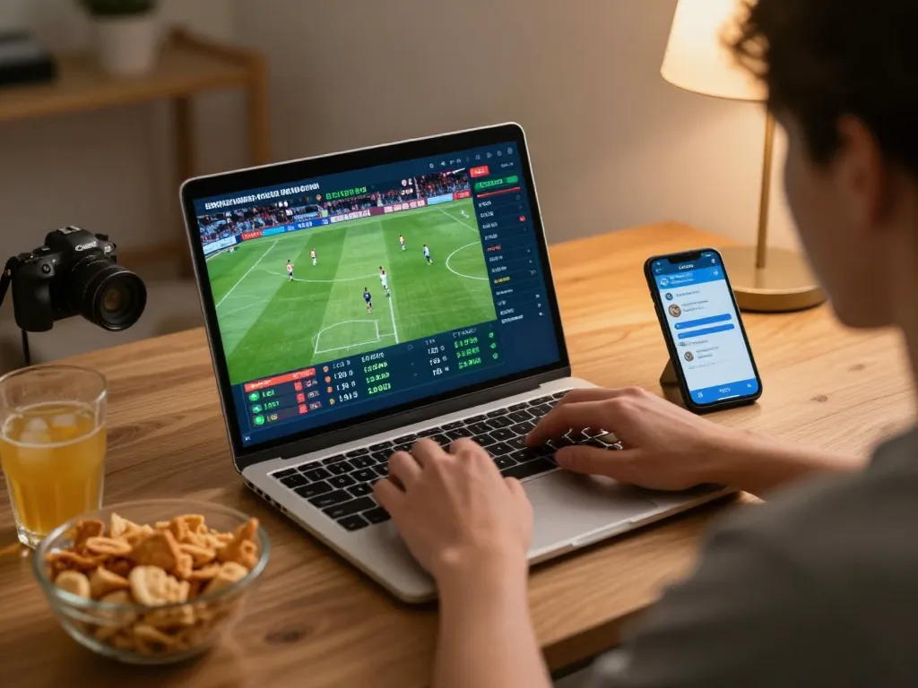 Engaging in online sports betting at home with SC88, showcasing real-time odds and a comfortable setup.
