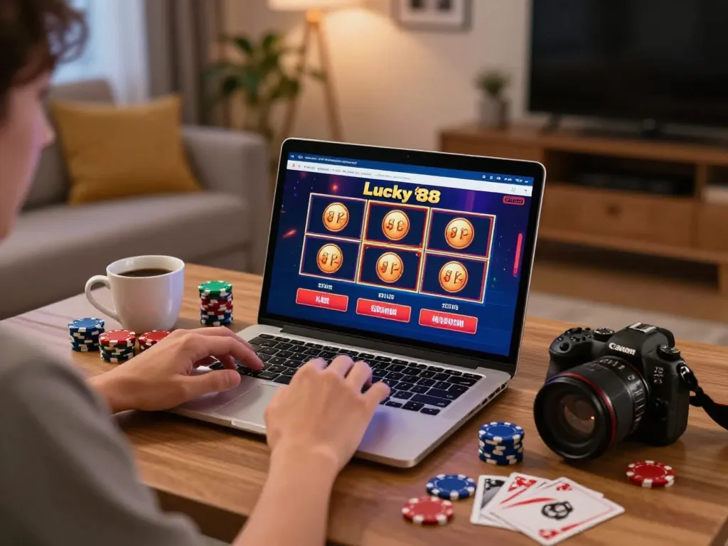 Player engaging in lucky88 đăng nhập on a laptop while enjoying a cozy home gaming ambiance.