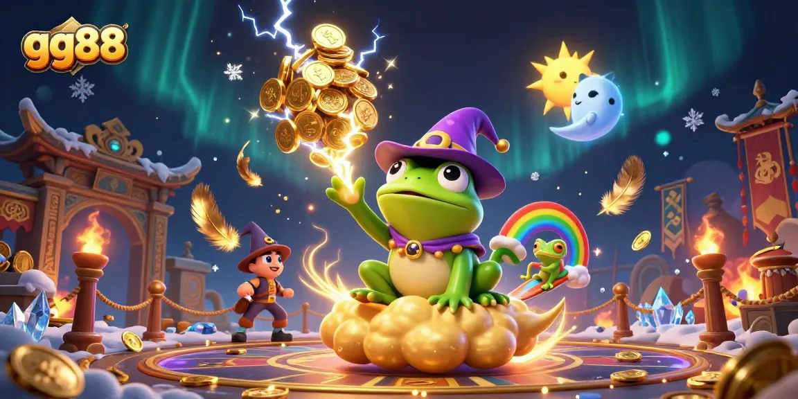 Experience gaming excitement with gg88, featuring a magical frog and a vibrant chameleon in a storm of coins.