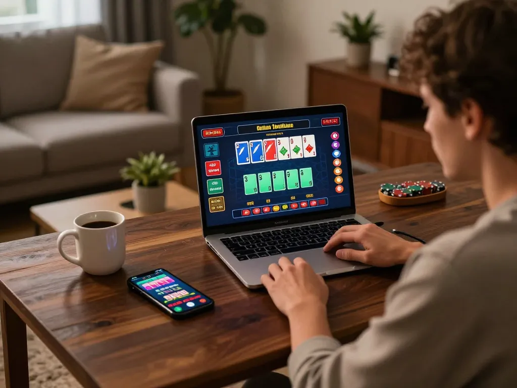 Engaging in online casino strategies while playing ga888n on a laptop in a cozy home environment.