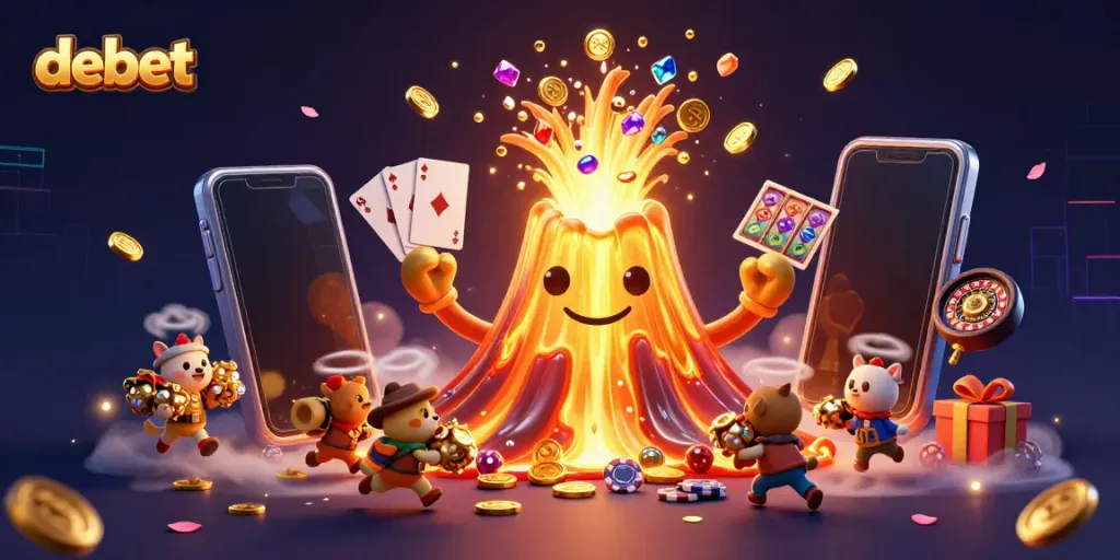 Engage with debet's thrilling gaming universe, featuring a volcano of treasures and vibrant casino elements.