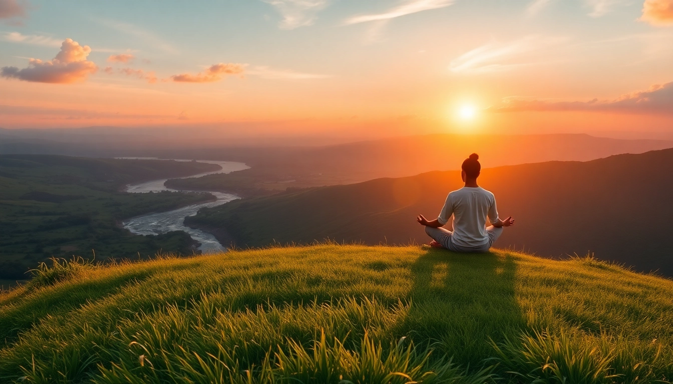Person meditating in serene landscape addressing stress and anxiety with nature's calm.
