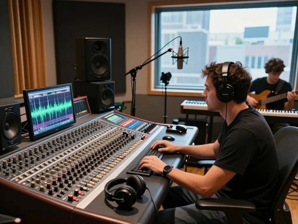 Audio engineer using da88 digital multitrack recorder in a studio.