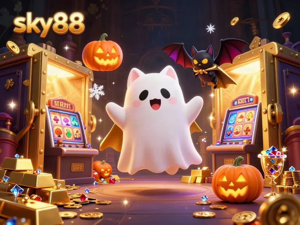 Experience thrilling gameplay with sky88 as a ghost cat and vampire bat explore a haunted casino.