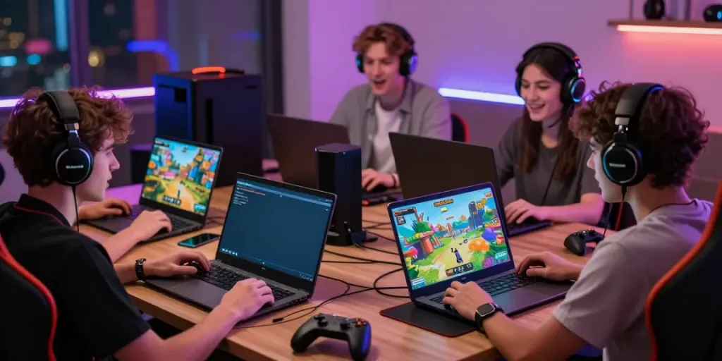 Exciting TA88 online gaming scene with players focused on laptops and tablets showcasing colorful graphics.