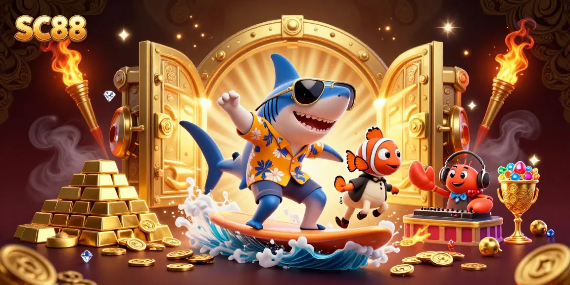 Experience SC88 excitement with a festive underwater scene featuring a shark and friends amidst gold treasures.