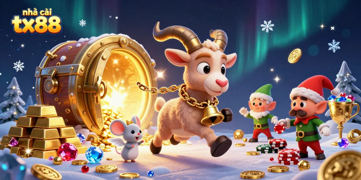 Engage with nhà cái tx88 in a festive casino filled with treasures and playful characters.