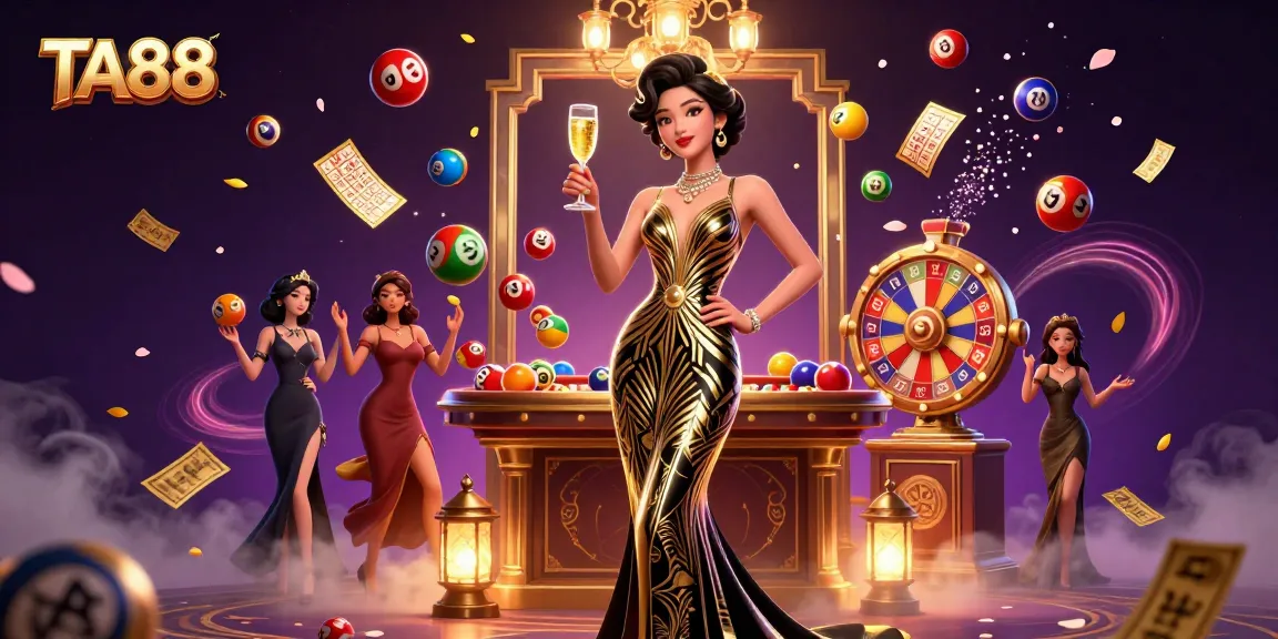 Experience the excitement of TA88 with an elegant Asian woman amid casino elements like roulette and bingo.
