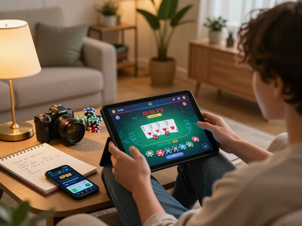 Player engaging with KP88 poker app on tablet in cozy home setting, showcasing responsible gaming.