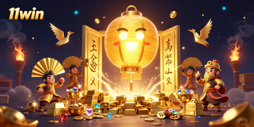 Win big at 11win with glowing treasures and dynamic gaming elements in an exciting casino scene.
