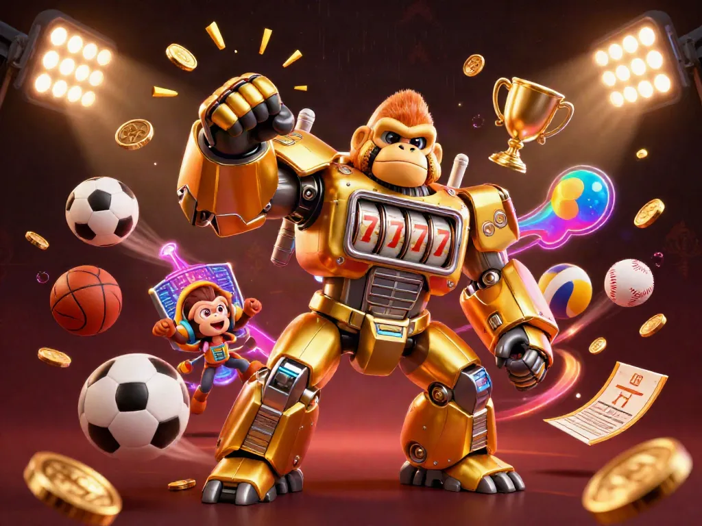 Engage with thrilling ta88 gaming adventures featuring a golden gorilla mech surrounded by dynamic sports elements.