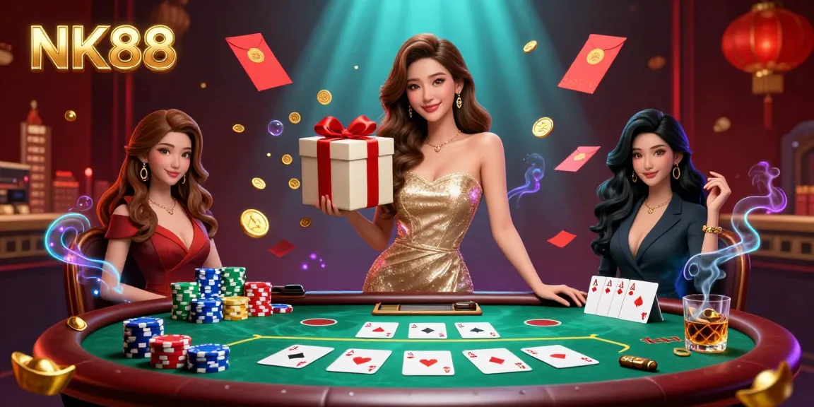Engage with NK88's vibrant casino scene featuring a stunning woman celebrating with coins amidst poker elements.