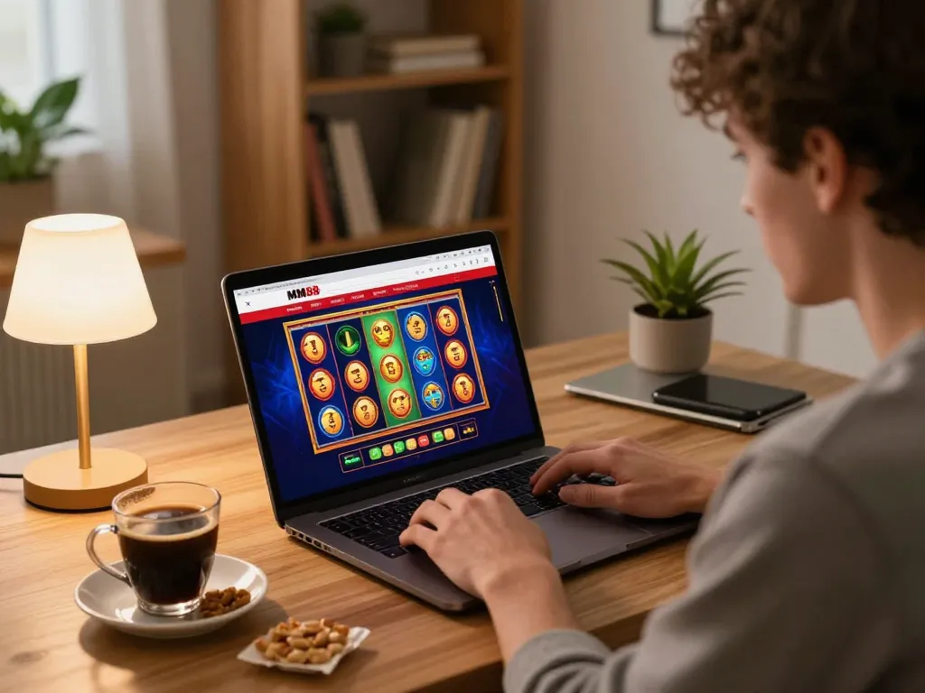 Player engaged in an online slot game at MM88, with vibrant graphics and a cozy atmosphere.