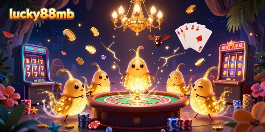 Engage in gaming spirits at lucky88mb in an illuminated cave casino with vibrant characters and glowing elements.