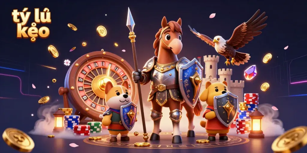 Experience the dynamic betting world with tỷ lệ kèo showcasing a knight, puppy, and falcon amid flying coins and poker chips.