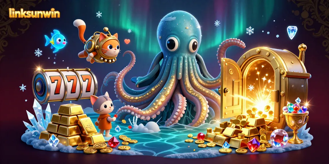 Experience magical winnings at linksunwin with a 3D casino kraken and diving cat illustration.
