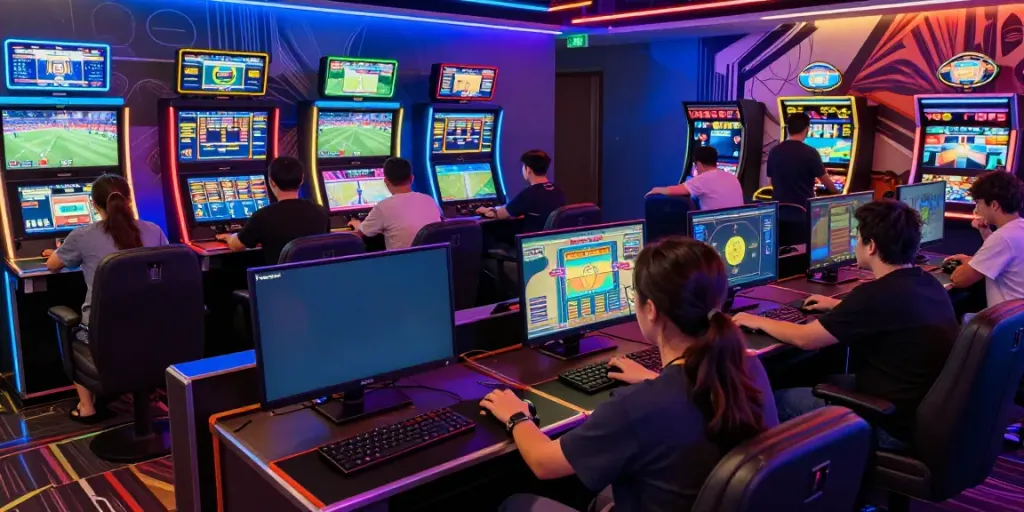 Dynamic NBET online gaming scene featuring engaged players, colorful lighting, and modern virtual casino atmosphere.