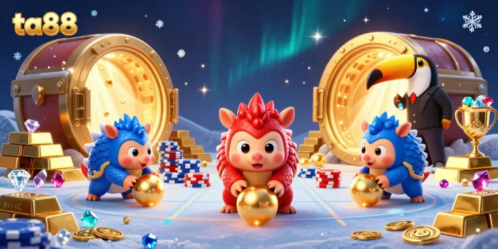 Engage in thrilling gameplay with ta88 as rival pangolins roll through poker chips, celebrating casino excitement.