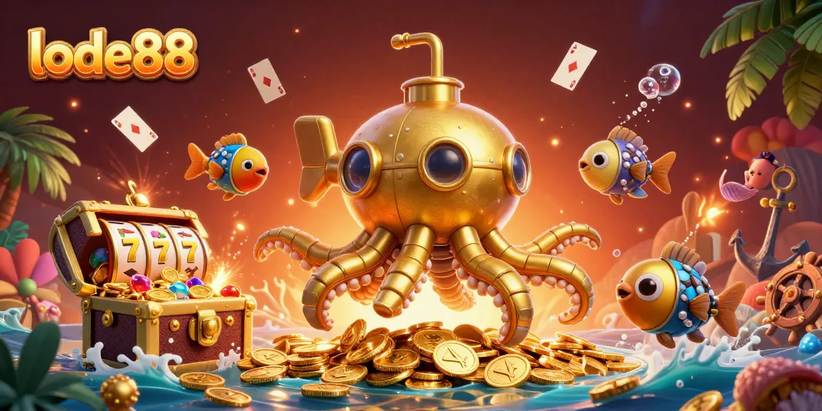 Play thrilling games at lode88 with a golden kraken submarine amid treasures and slot reels.