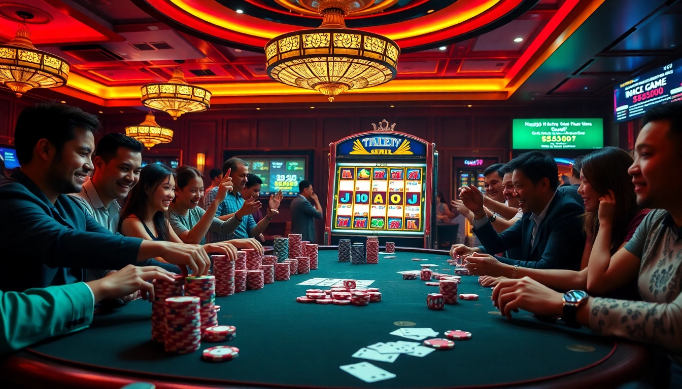 Naga99 gaming table filled with colorful poker chips and excited players enjoying their luck at slots.