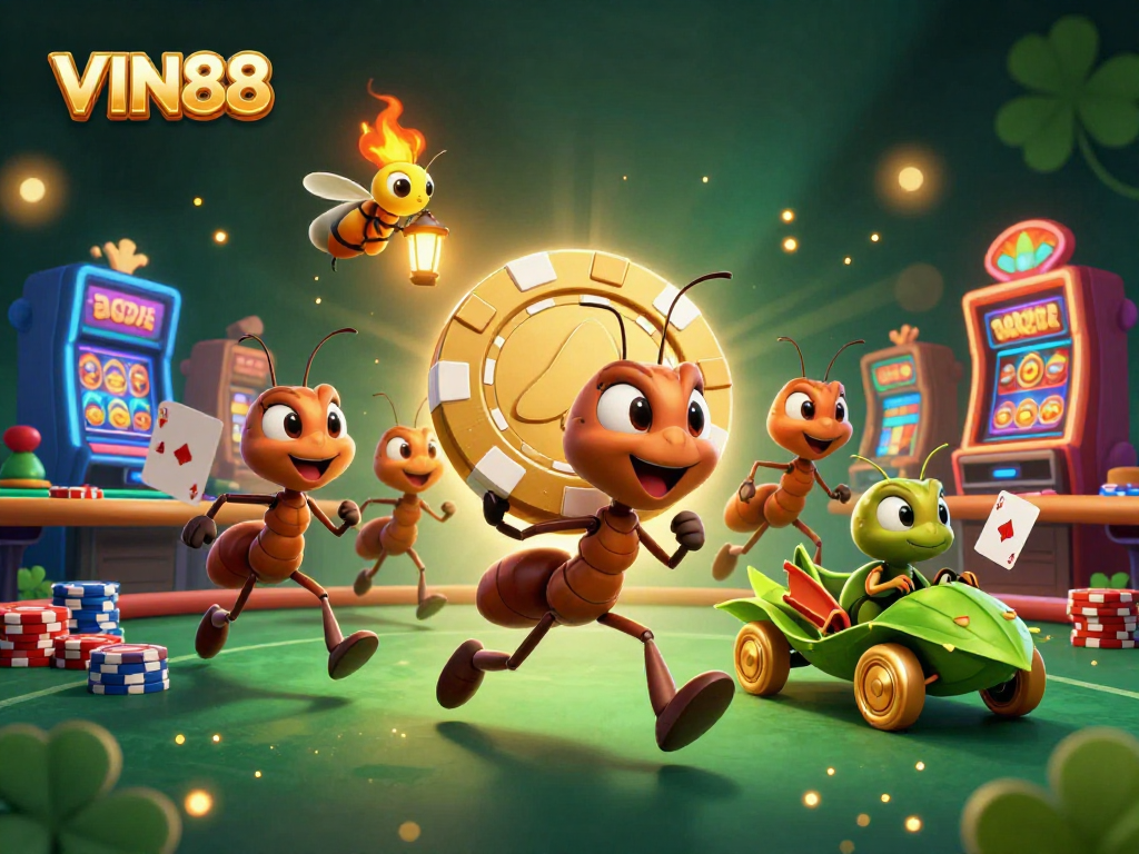 Experience a thrilling heist at VIN88 with animated ants carrying a giant poker chip amidst vibrant casino elements.