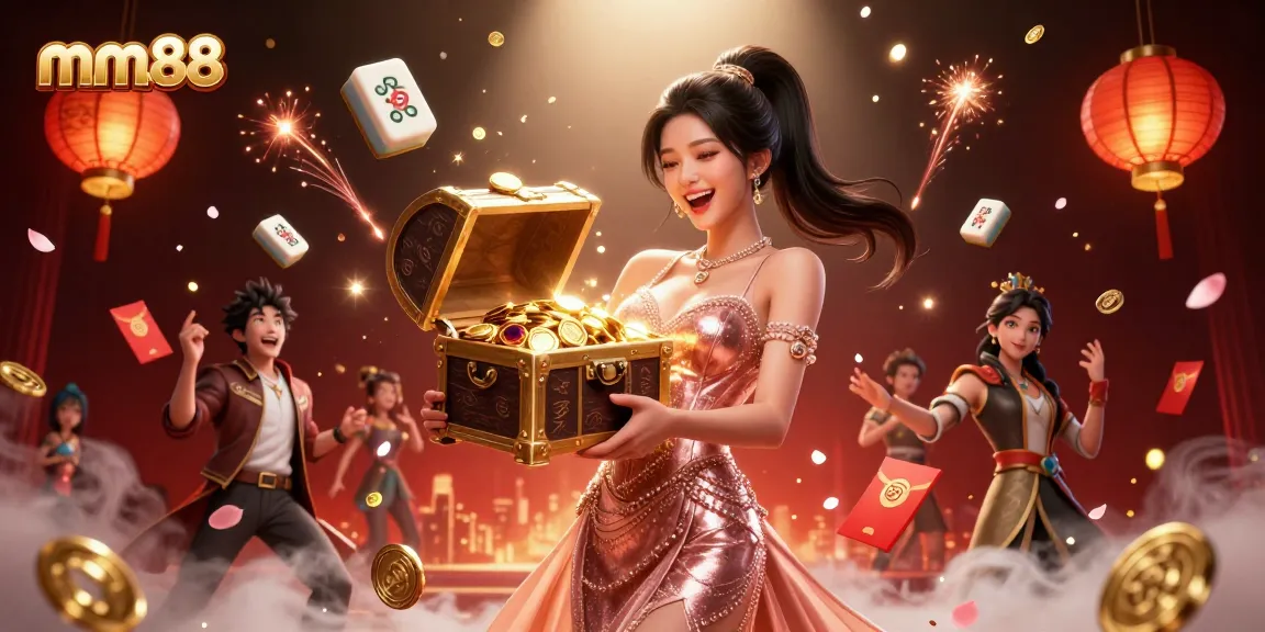 Engage in thrilling mm88 betting adventures with golden treasures and festive casino elements.