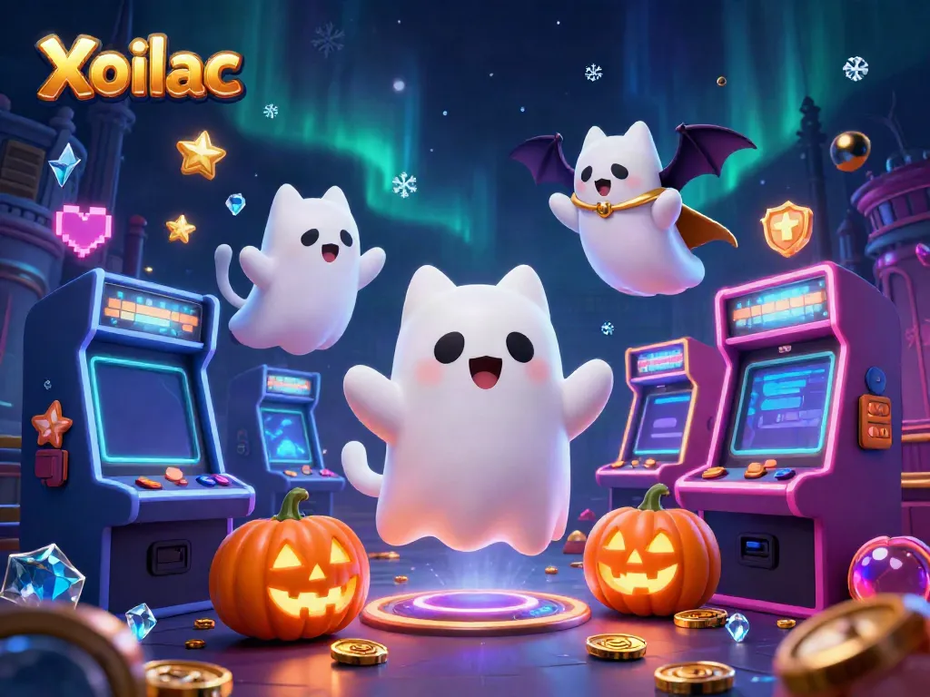 Xoilac offers a vibrant scene where a ghost cat plays among glowing arcade machines in a haunted casino.