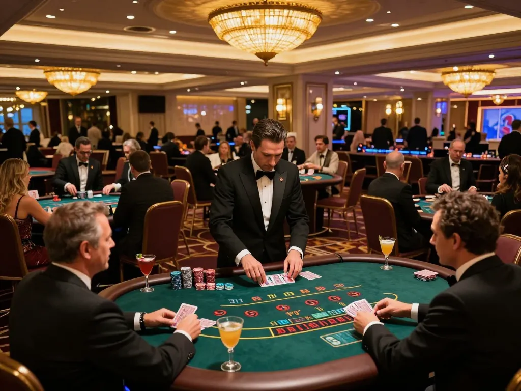 Players engaging in strategic blackjack gameplay at FLY88 casino, capturing a vibrant nightlife ambiance.